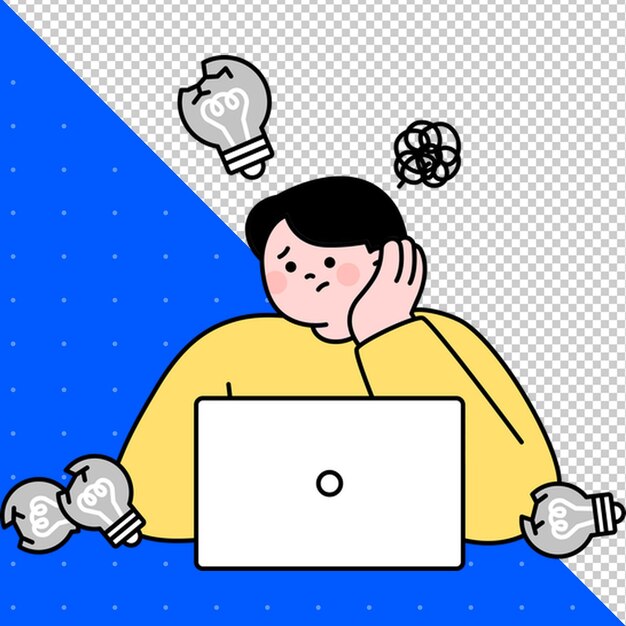 a man is using a laptop with a light bulb above his head