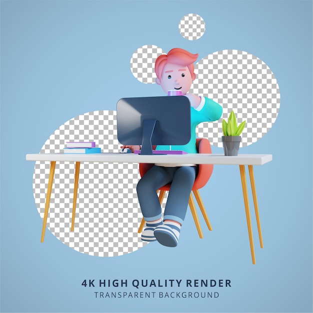 A man is working in front of a computer drinking coffee high quality 3D render