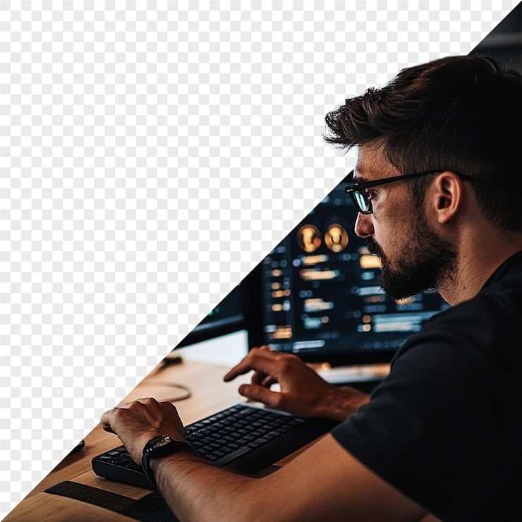 PSD a man is working on a computer with a keyboard and glasses