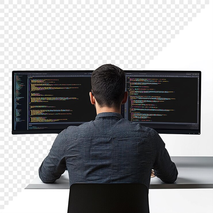 PSD a man is working on a computer with the word code on the screen