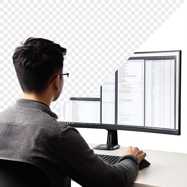 a man is working on a computer with the word quot data quot on the screen