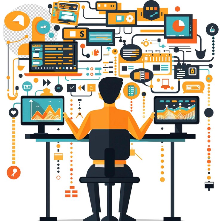 PSD a man sits at a desk with a lot of icons on it illustration