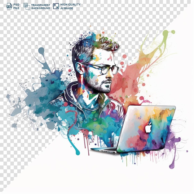 투명 한 배경 의 물색 스플래시 페인팅 에 노트북 을 사용하는 남자