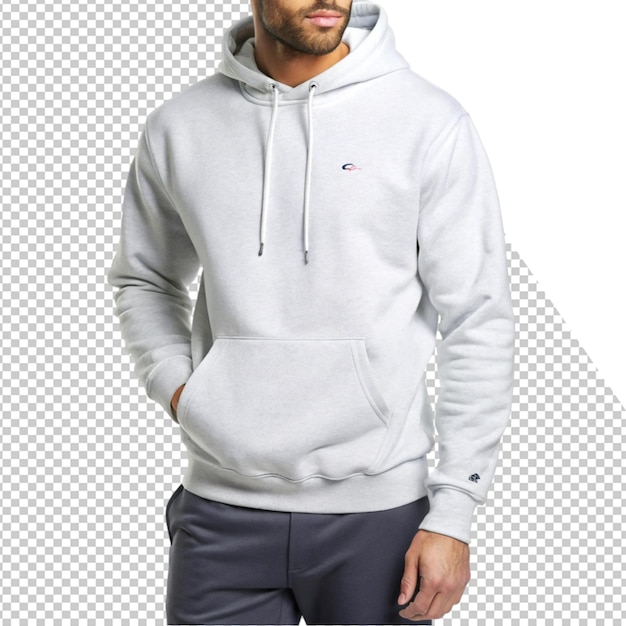 a man wearing a grey hoodie with the logo on it