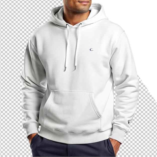 a man wearing a white hoodie with a logo on it
