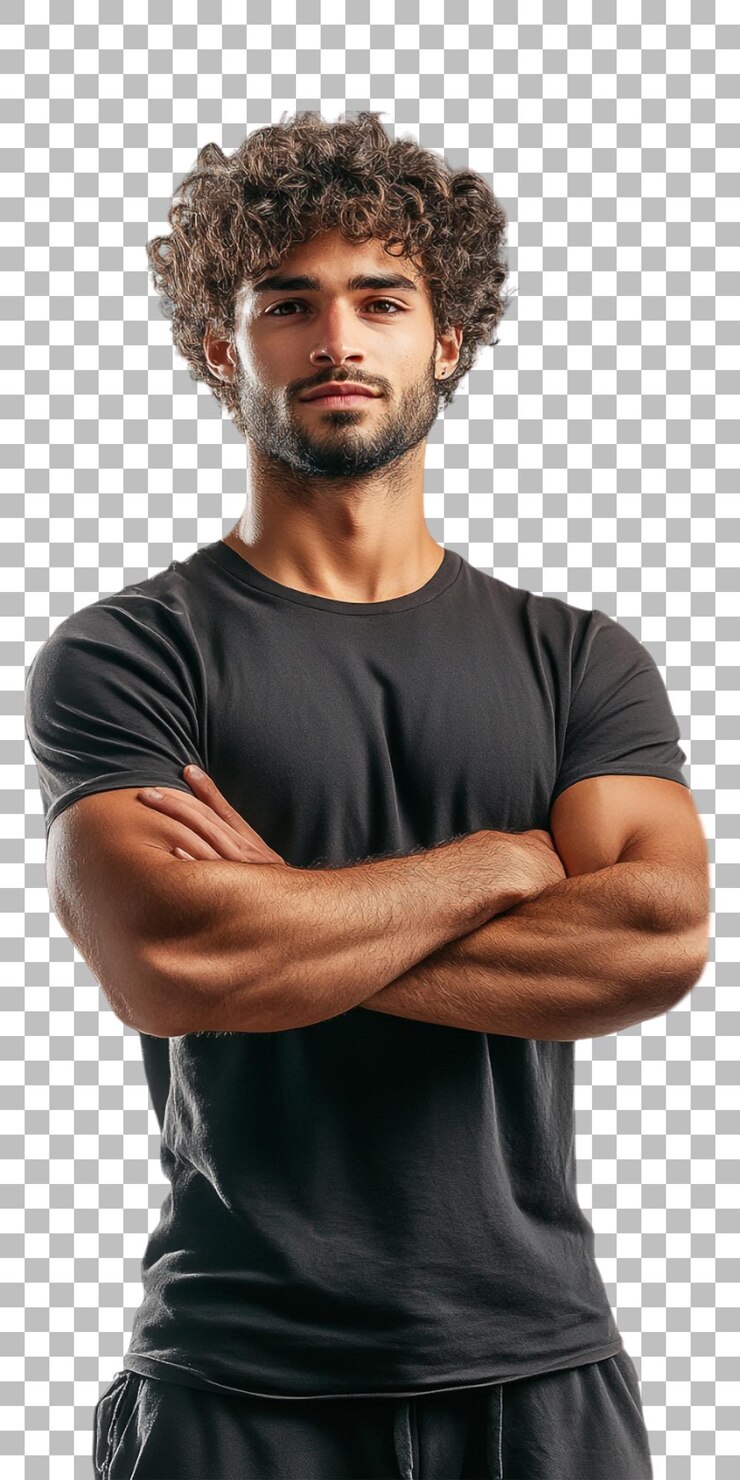 a man with a black shirt that says t shirt on it