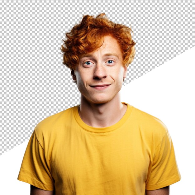 PSD a man with red hair and yellow shirt is smiling