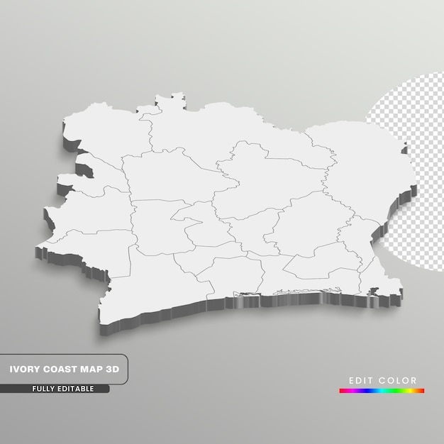 A map of the Ivory Coast in a gray background Fully editable 3d isometric map with states
