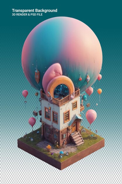 PSD Модель дома с воздушными шарами и дома с домом на крыше