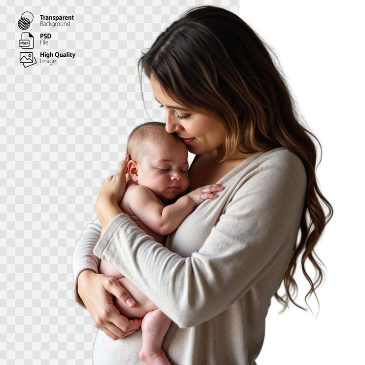A mother gently kisses her sleeping newborn baby while holding her close