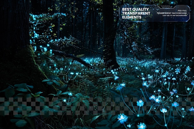 a mystical forest where every tree glows with an ethereal light on transparent background