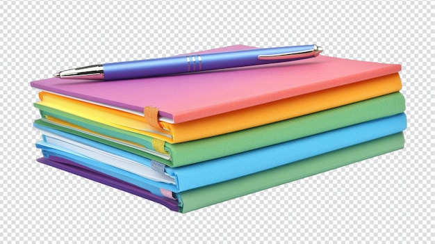 A Neatly Arranged Stack of Colorful Notepads with an Elegant Pen Resting on Top Ideal for Office School and Creative Projects