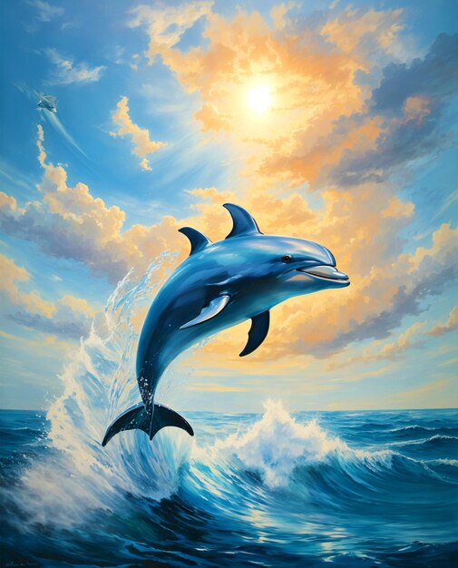 PSD Картина синего здорового большого дельфина, выпрыгивающего из воды.