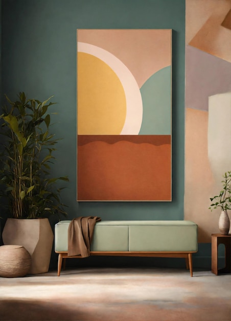 PSD Картина дивана и растения в комнате с диваном