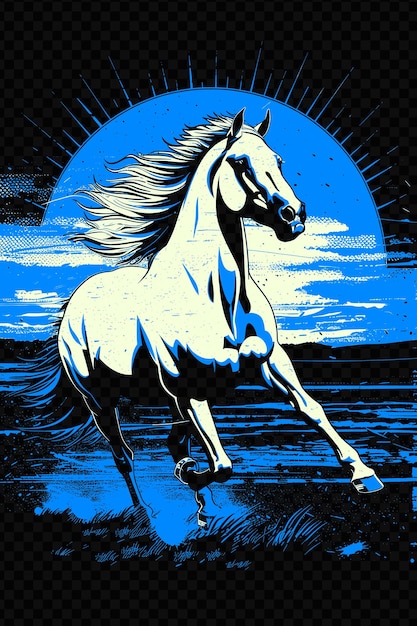 太陽が輝く青い背景の馬の絵