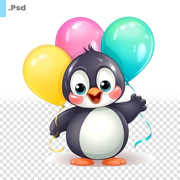 PSD Пингвин, держащий кучу воздушных шаров шаблон psd