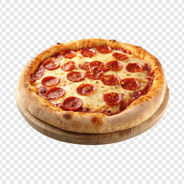 A pepperoni pizza on a wooden tray with a white background