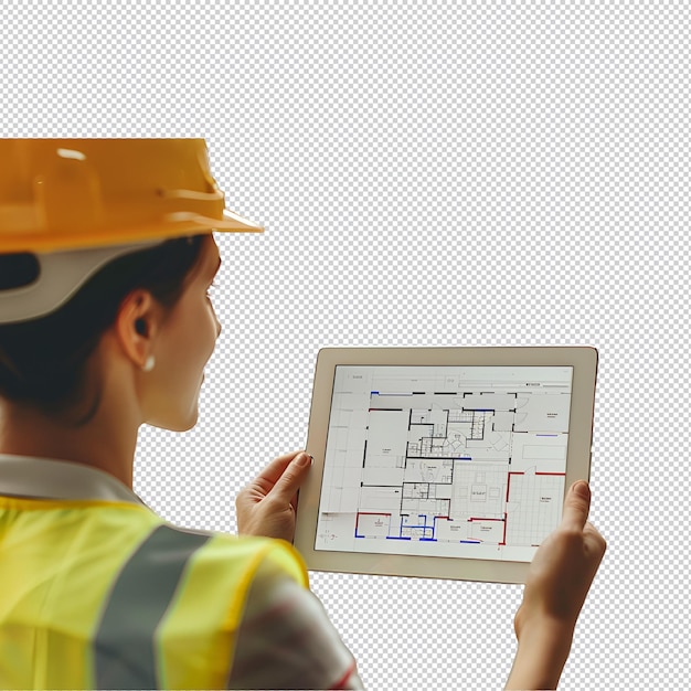 a person wearing a yellow hard hat is holding a tablet with the word building on it