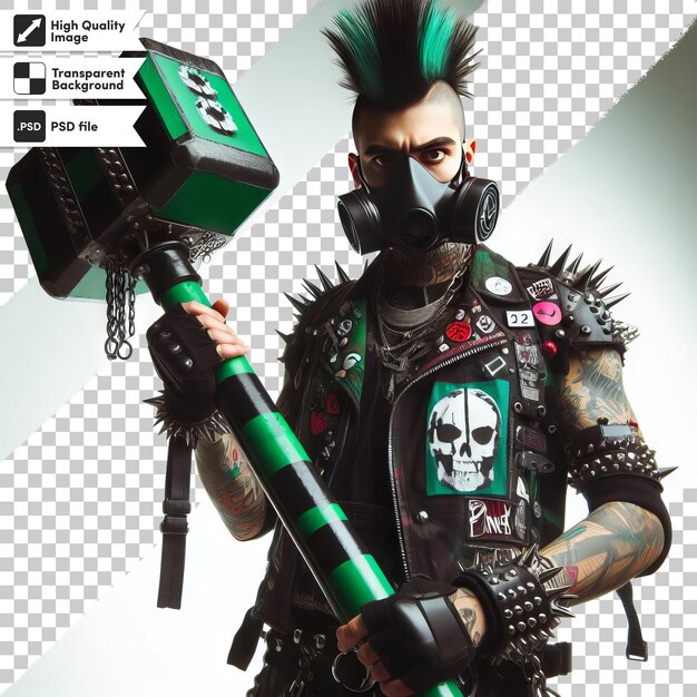 PSD Человек с маской, держащий инструмент с зеленой наклейкой