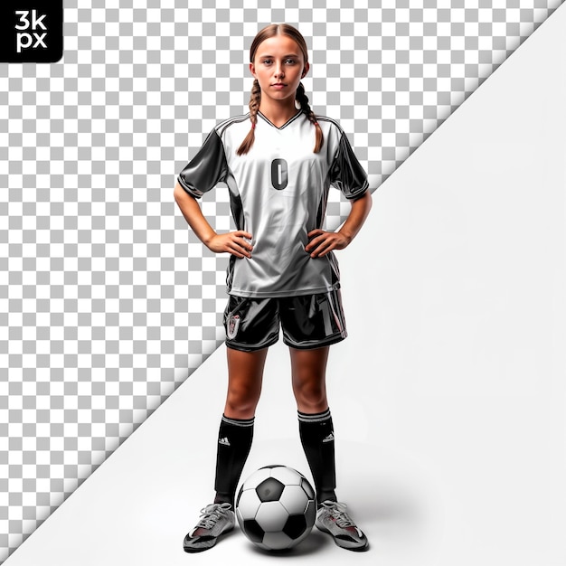 PSD Фото девушки с футбольным мячом и буквами k - x на нем