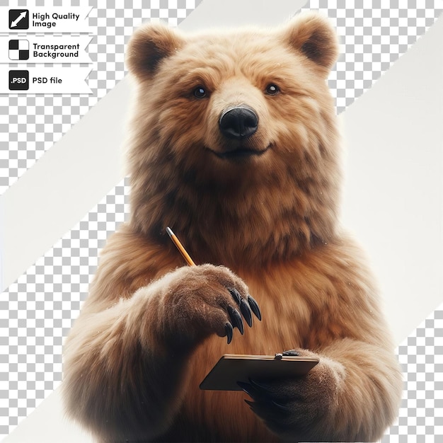 PSD 筆を握っている茶色のクマの写真