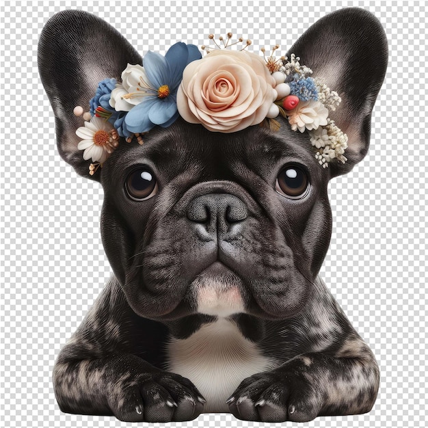 PSD 頭の上に花をつけた犬の写真