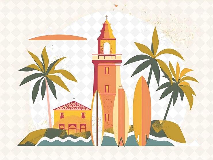 PSD a picture of a lighthouse with a building and palm trees in the background