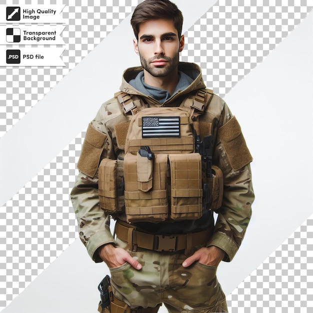 PSD Фотография человека в военной форме с американским флагом на нем