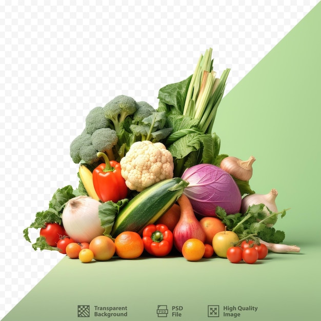 PSD Изображение кучи овощей, включая брокколи, морковь, помидоры и другие овощи.