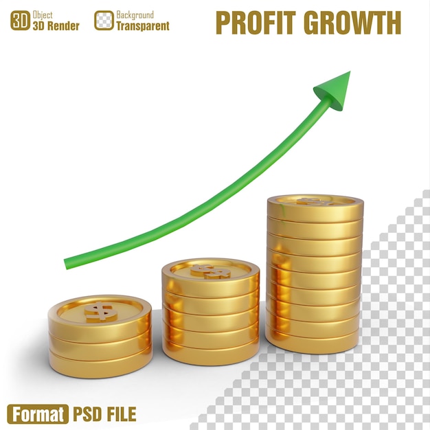 PSD Изображение стопки золотых монет с зеленой стрелкой, указывающей вверх, и словами «рост прибыли» вверху.