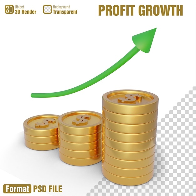 PSD Изображение стопки золотых монет с зеленой стрелкой, указывающей вверх, и словами «рост прибыли».