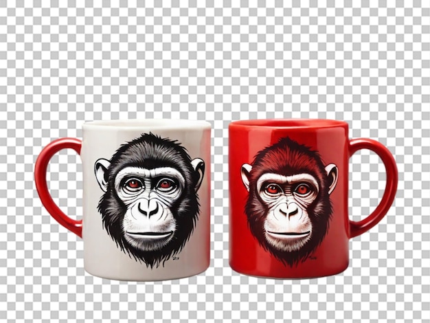 透明な背景に猿が印刷された2つの熱い赤いカップの写真