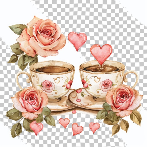 PSD Картинка двух чайных чашек с сердцами и сердцами на шахматном фоне