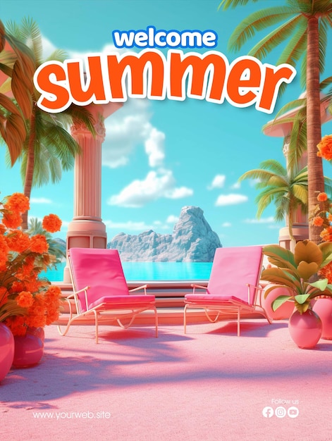 Hello Summer라고 적힌 분홍색과 주황색 포스터