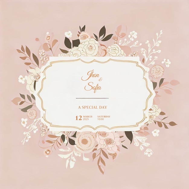 PSD 金色のフレームが付いたピンクのカードで結婚式の日と書かれています