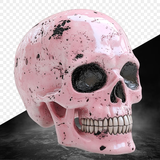 a pink skull with a black background and a black and white image of a skull