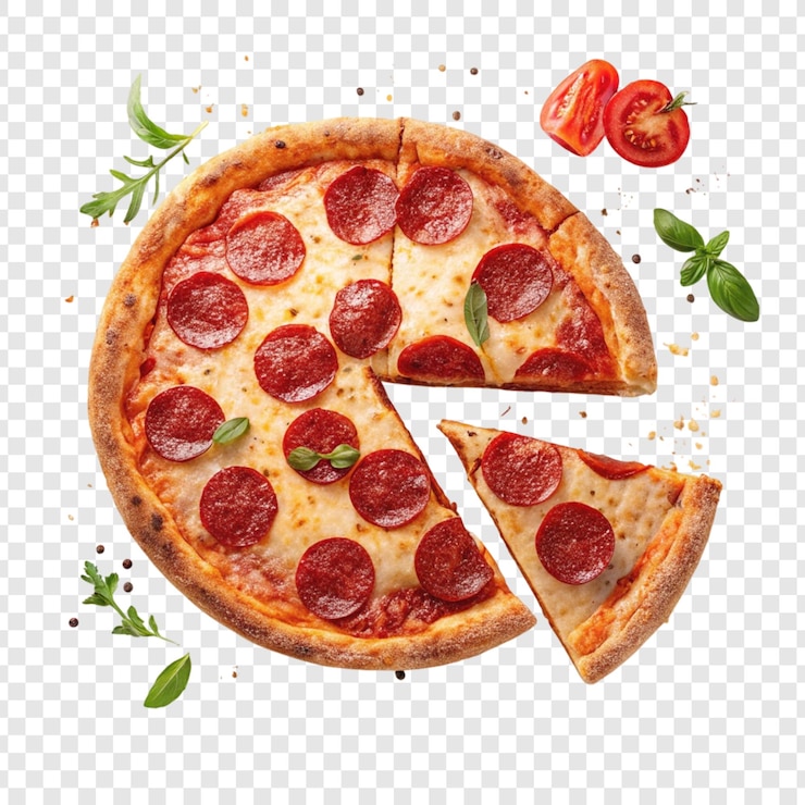 A pizza with pepperoni and tomatoes delicious