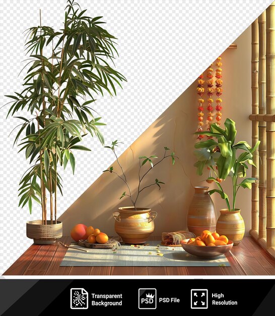PSD 植物がテーブルの上にありその上に果物のポットがあります