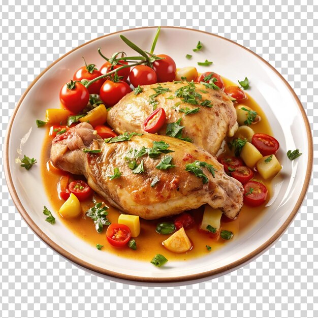 PSD a plate of food with a chicken tomatoes and potatoes on transparent background