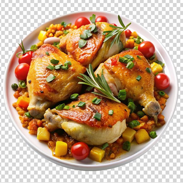 PSD a plate of food with a chicken tomatoes and potatoes on transparent background