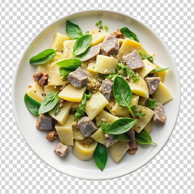 Тарелка с пищей с мясом макарон и зелеными листьями на прозрачном фоне