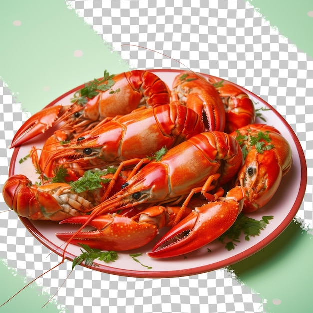 PSD a plate of lobsters with a green background with a white checkered tablecloth
