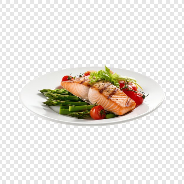 a plate of salmon with vegetables and a white background with a grid pattern