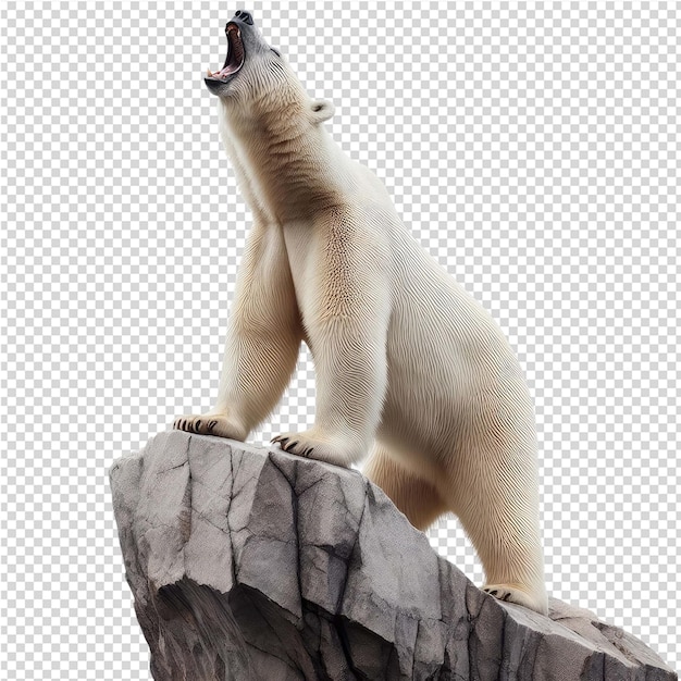 PSD a polar bear stands on a log with its mouth open