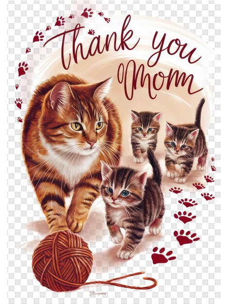 PSD a poster for a cat and her kittens with a red and black sign that says thank you thank you