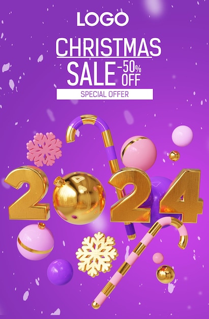 PSD Плакат на рождественскую распродажу на фиолетовом фоне с шоколадной тростью и словами 0392024039 на нем