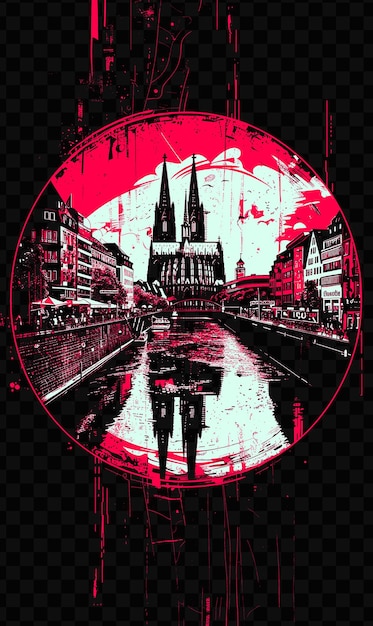 물 속 에 있는 교회 의 반사 를 가진 도시 의 포스터