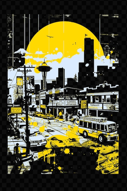 背景に黄色い月が描かれた街のポスター