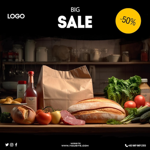 PSD 50% 할인된 가격의 식품 판매 포스터.