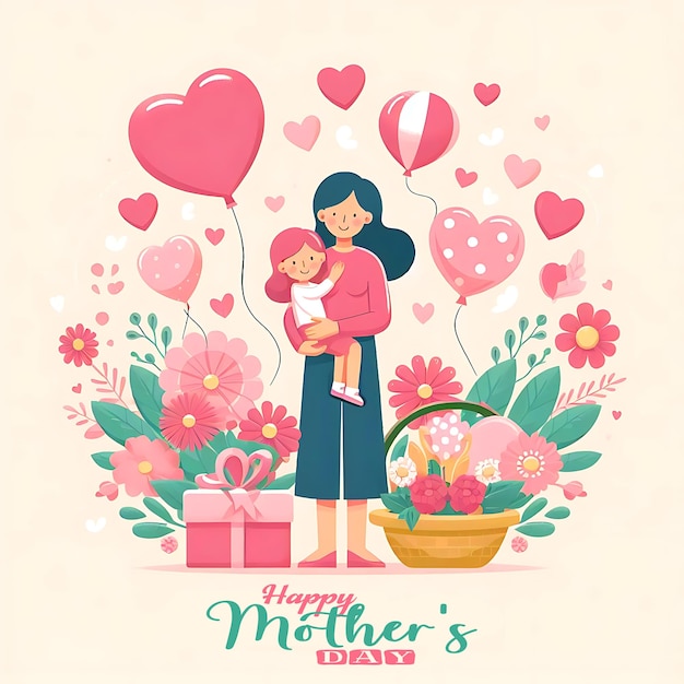 PSD Плакат для матери и ее ребенка с шариками и воздушными шарами